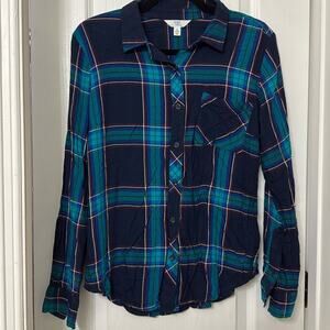 Time And Tru Womens Blue Plaid Long Sleeve Collared Button Up Shirt Size S (4-6)